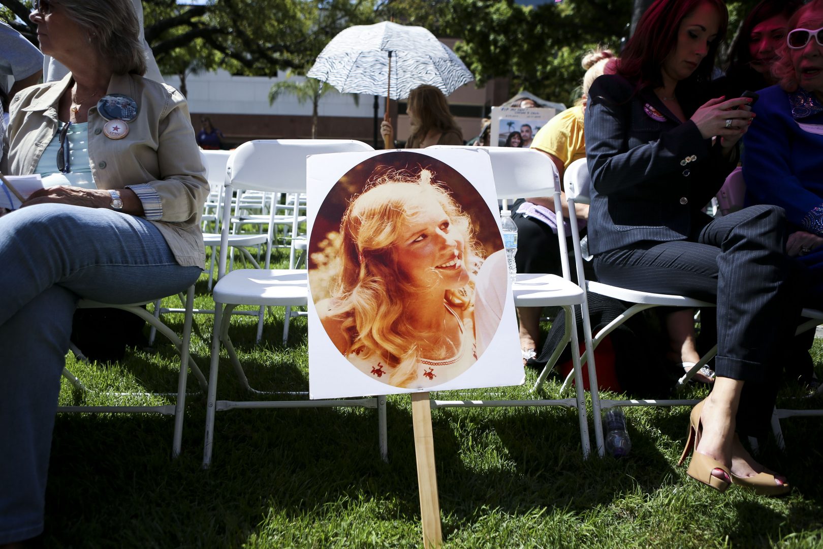 A photo of Marsy Nicholas, the namesake for victim rights legislation that has passed in several states, sits against a chair during a 2013 rally in Santa Ana, Calif. Nicholas was killed in 1983.