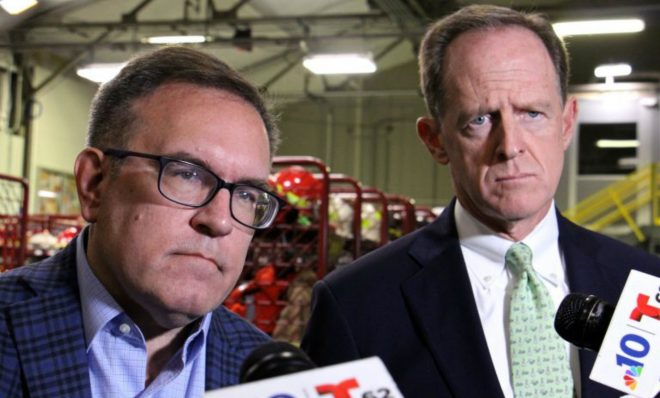 Environmental Protection Agency administrator Andrew Wheeler (left) and U.S. Sen. Pat Toomey (R-Pa.) visit Monroe refinery in Trainor, Pa., to discuss eliminating the federal regulation that requires blending ethanol with gasoline. 