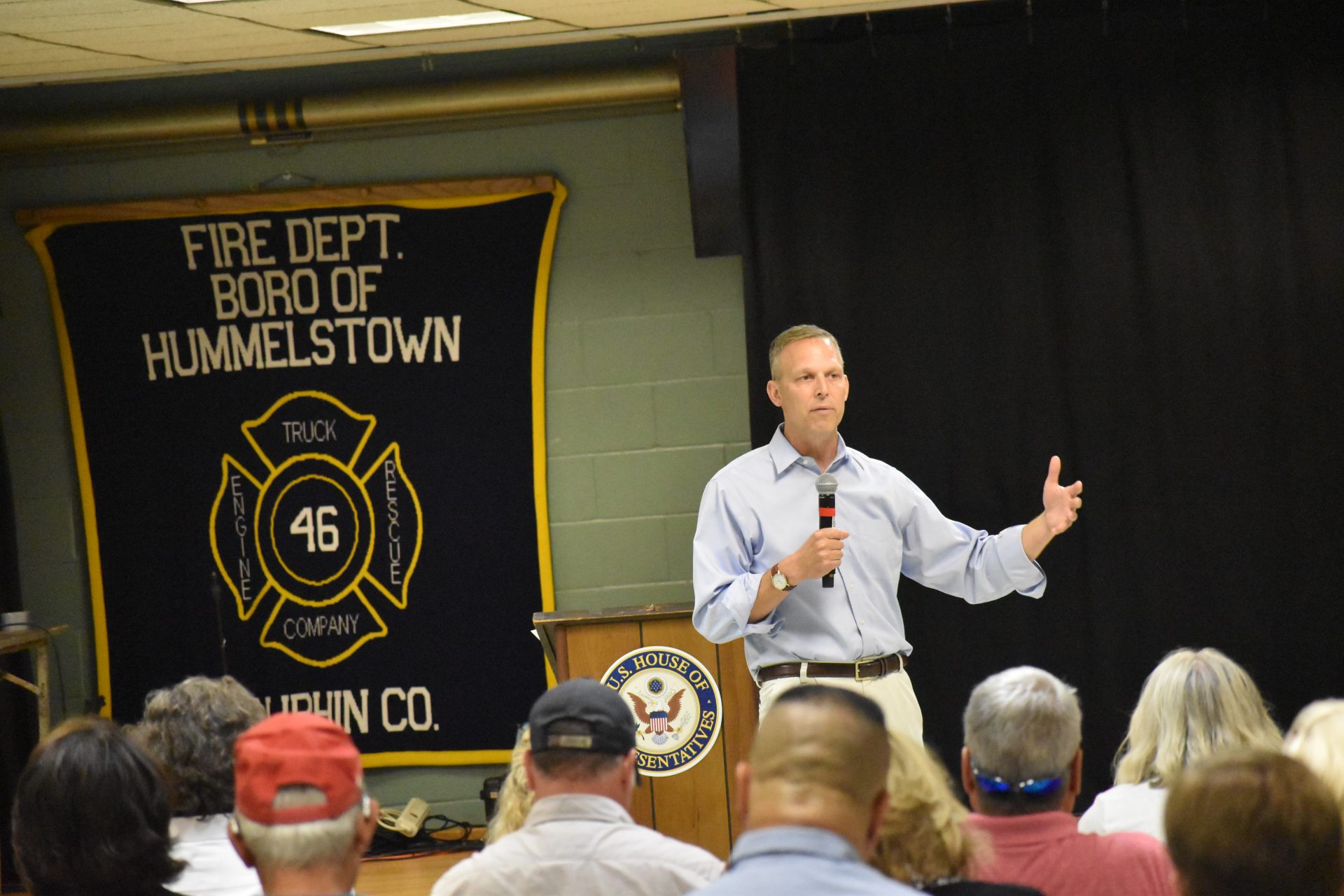 U.S. Rep. Scott Perry speaks to the crowd during a town hall at Hummelstown Fire Department on July 30, 2019.