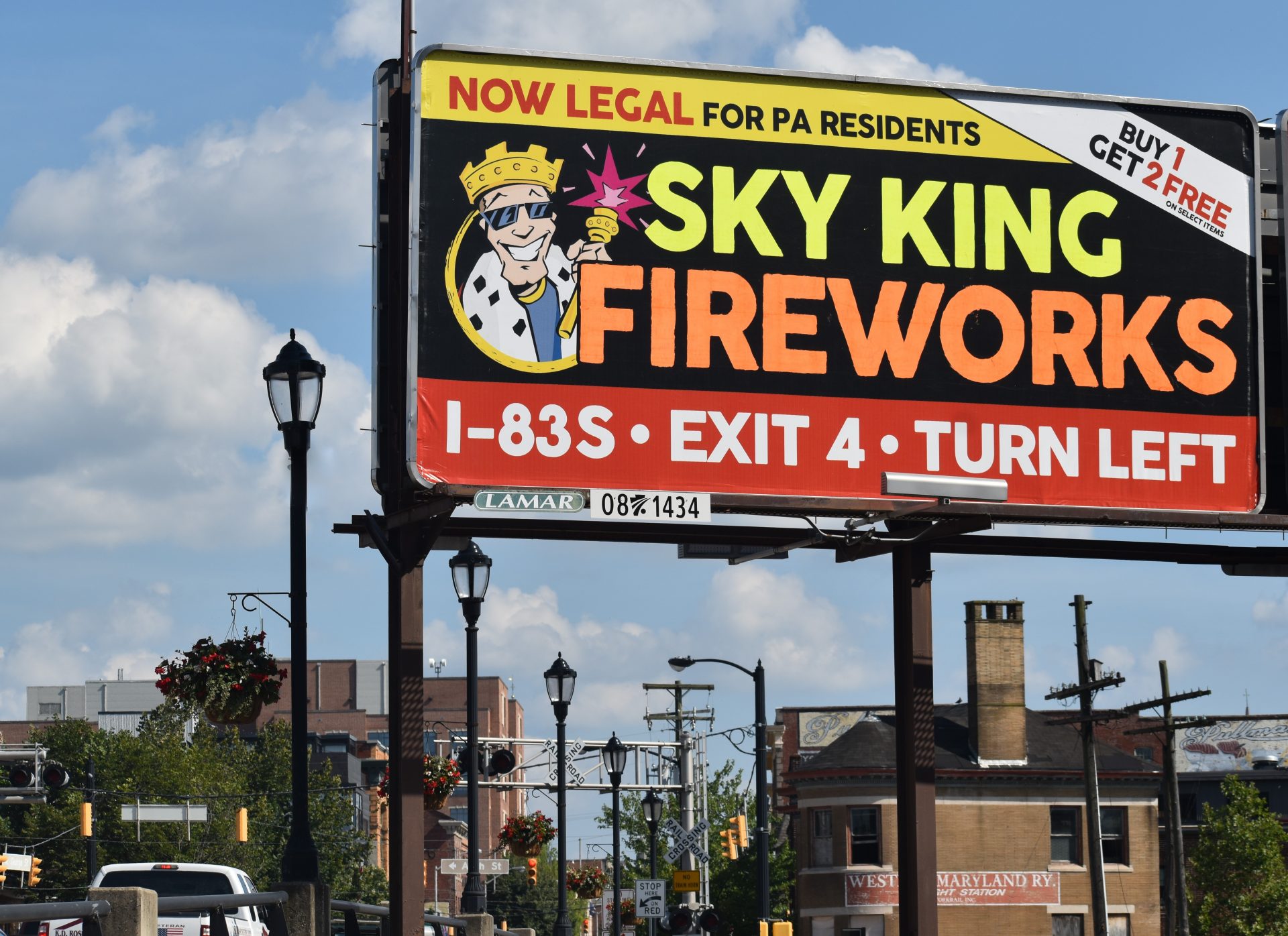 A billboard in York city, seen on July 10, 2019, highlights a change in Pennsylvania that made consumer fireworks legal for Pennsylvania residents.