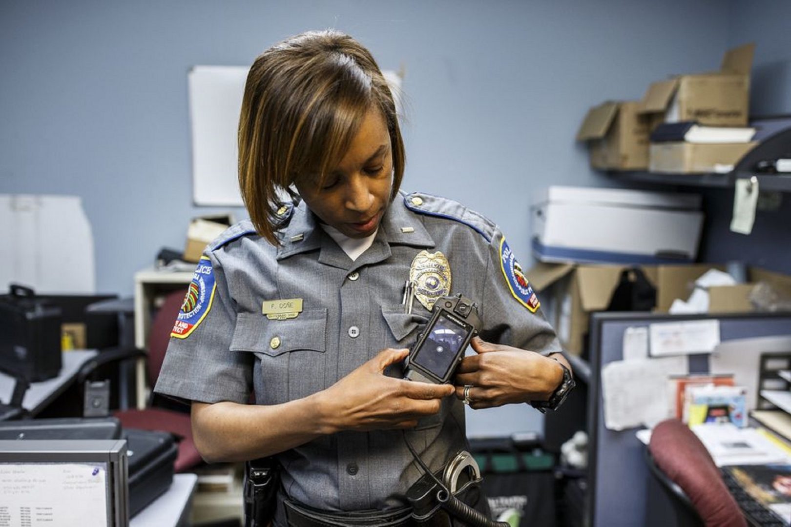 Susquehanna Township police Lt. Francia Done shows a Motorola body camera. May 15, 2019. 