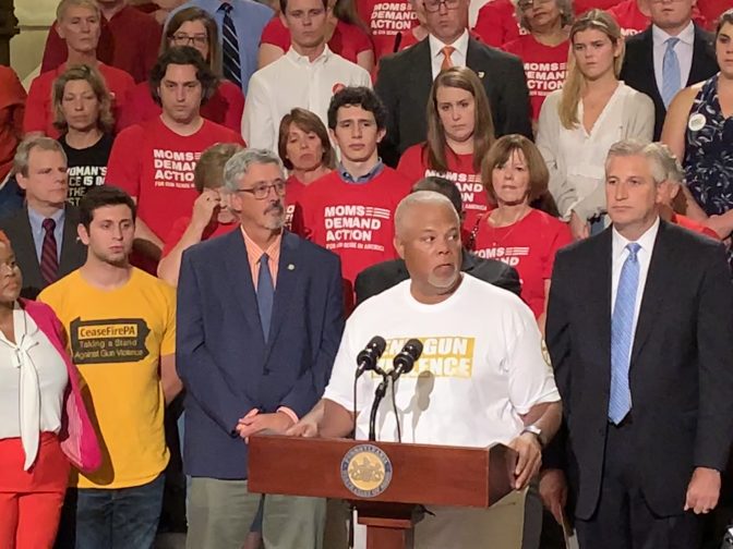 State Sen. Anthony Williams, D-Philadelphia, speaks at a rally to change Pennsylvania’s gun laws at the statehouse in Harrisburg Wednesday, Aug. 8, 2019. (Emily Previti/PA Post)