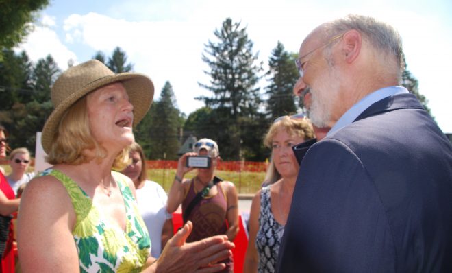 Ginny Kerslake, an anti-pipeline activist, urged Gov. Tom Wolf to halt construction of the Mariner East pipelines in this August 2019 photo. Wolf said no.