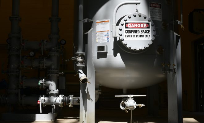 Detailed view on the newly installed system to filter out PFAS Forever Chemicals at Well #2 of the Horsham Water and Sewer Authority facility in Horsham, Pa., on August 22, 2019.