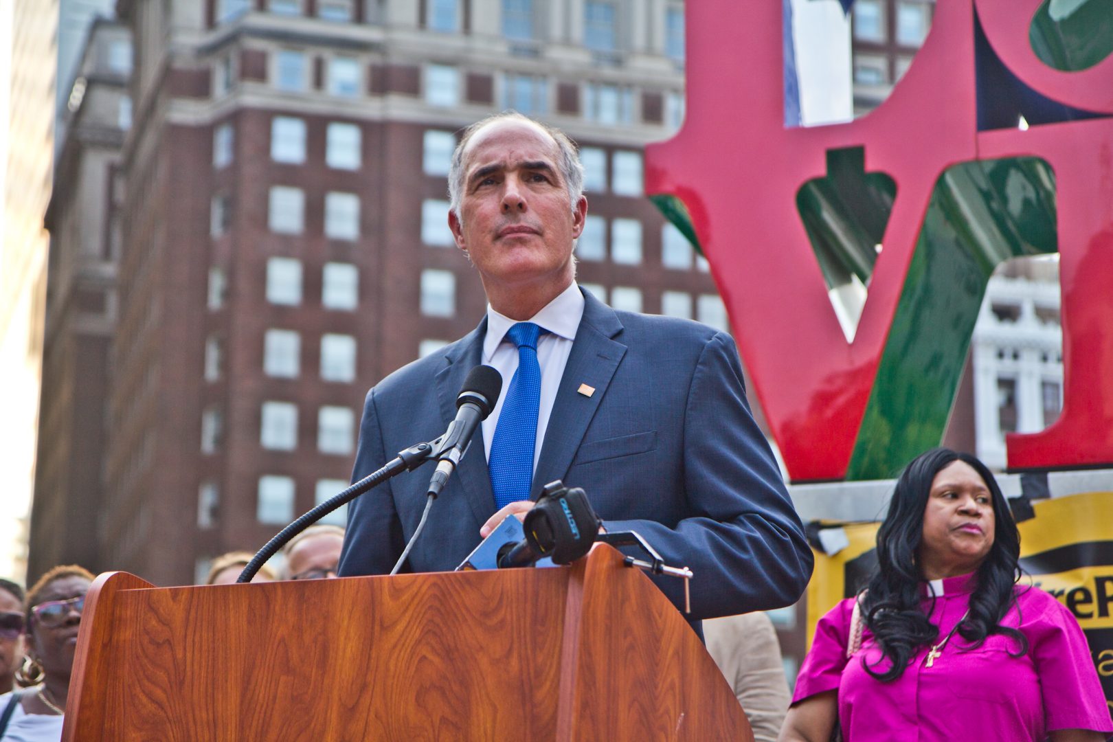 Senator Bob Casey lamented the loss of life to gun violence in Pennsylvania and nationally at a rally in Love Park Tuesday evening.