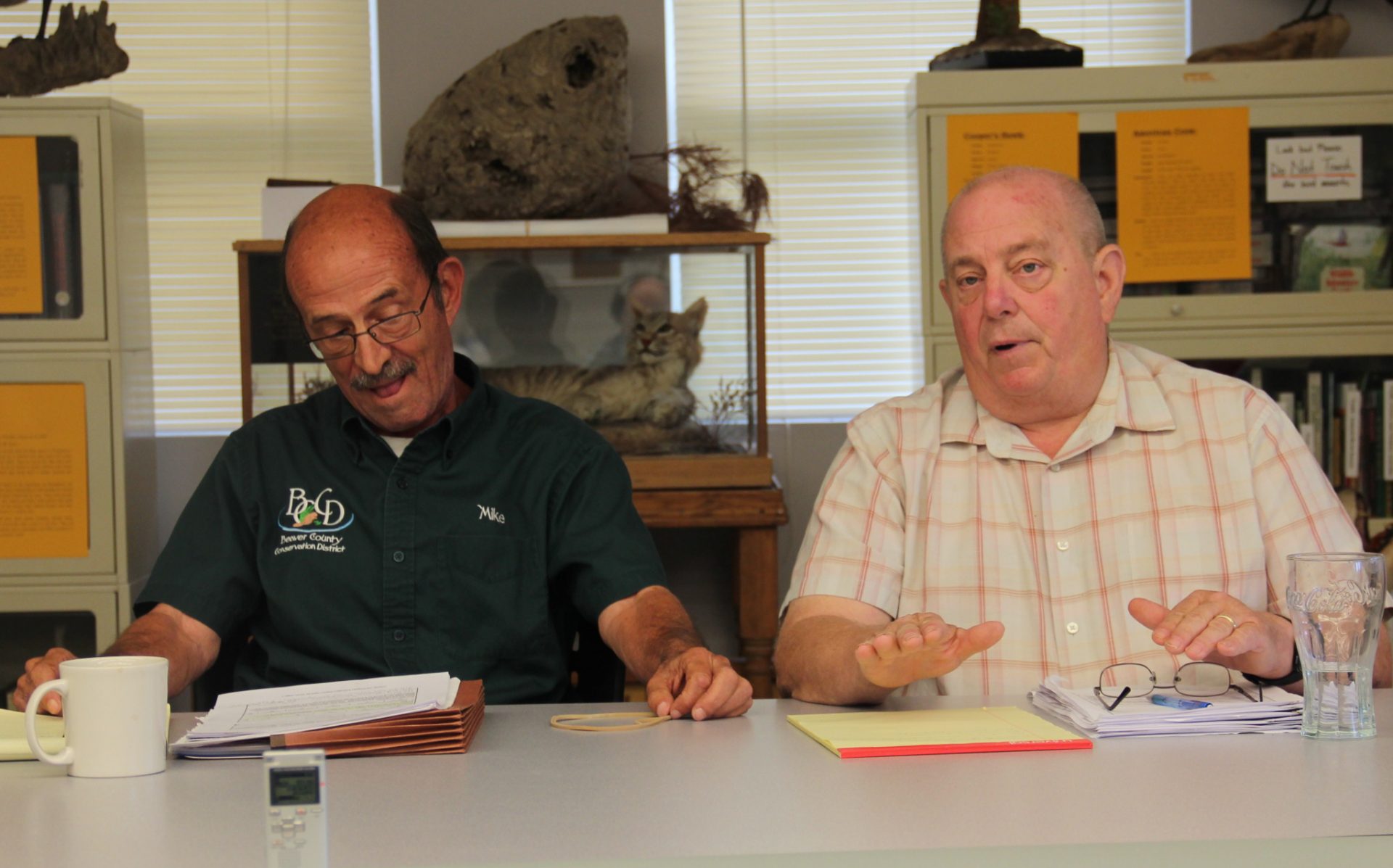 Beaver County Conservation District executive director Jim Shaner, right, and Michael Price, its board chairman, at a public meeting on the district's erosion permitting Aug. 28, 2019. Photo: Reid R. Frazier