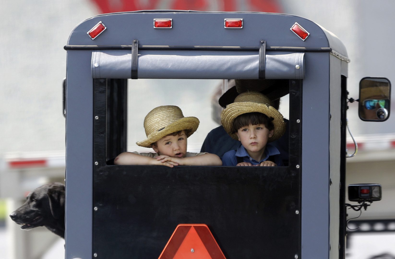 Two boys ride in the back of a horse-drawn buggy stopped at a traffic light, Wednesday, May 29, 2019, in Lancaster County, near Gap, Pa.