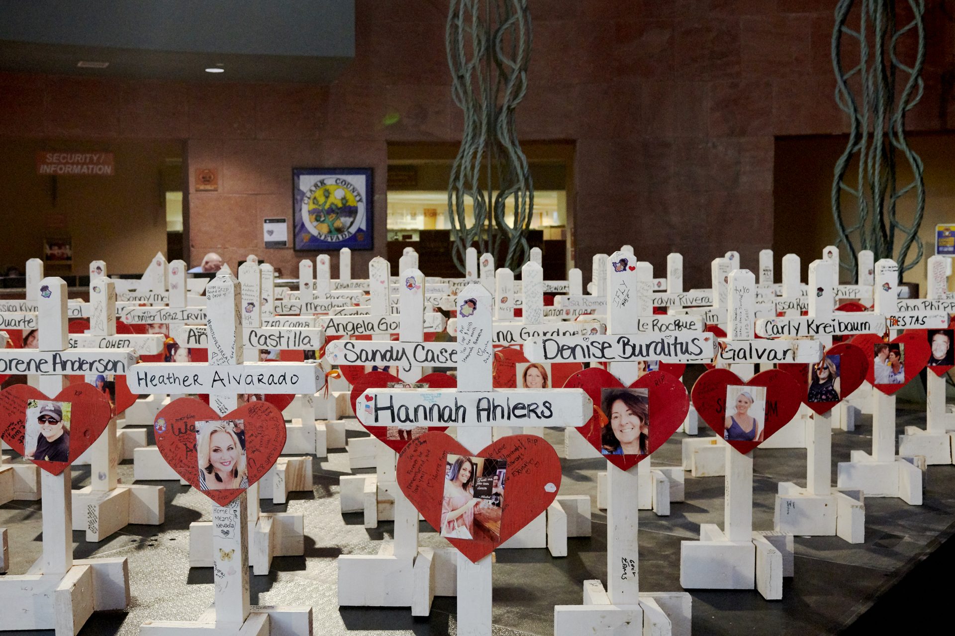 Each of the 58 people killed in the attack is honored with a cross inside the Clark County Government Center in Las Vegas on Sept. 28, 2018. It was the deadliest mass shooting in modern U.S. history.