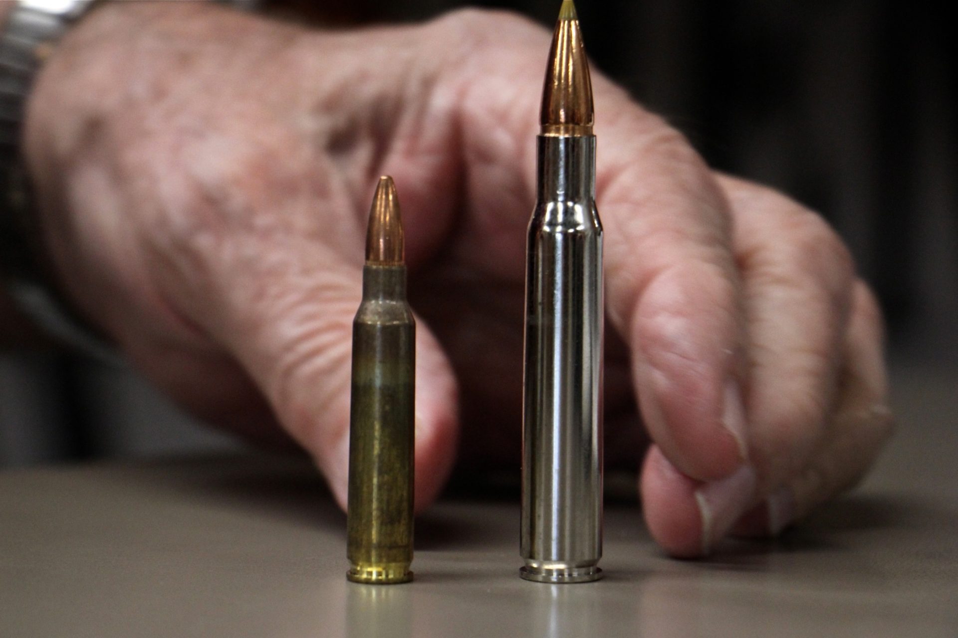 Bob Viden compares the bullets used in the AR 15 (left) and the Remmington hunting rifle. The latter, he says, is more powerful and accurate, while the former is considered too weak to be used for deer hunting.