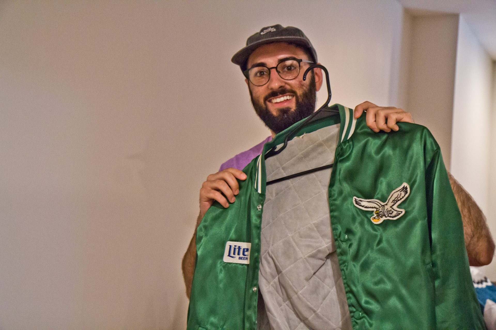 Shamus Clancy, Philadelphia writer and sports super fan, was gifted a classic Eagles jacket from his girlfriend, whom he met the night of the Eagles Super Bowl parade.
