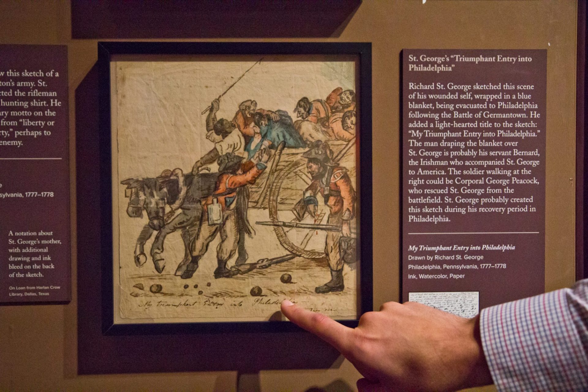 A cartoon drawn by Richard St. George on the battlefield as he was taken to Philadelphia after a head trauma.