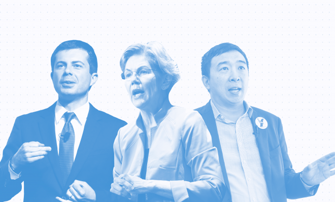 Photo illustration shows Pete Buttigieg, Elizabeth Warren and Andrew Yang.
