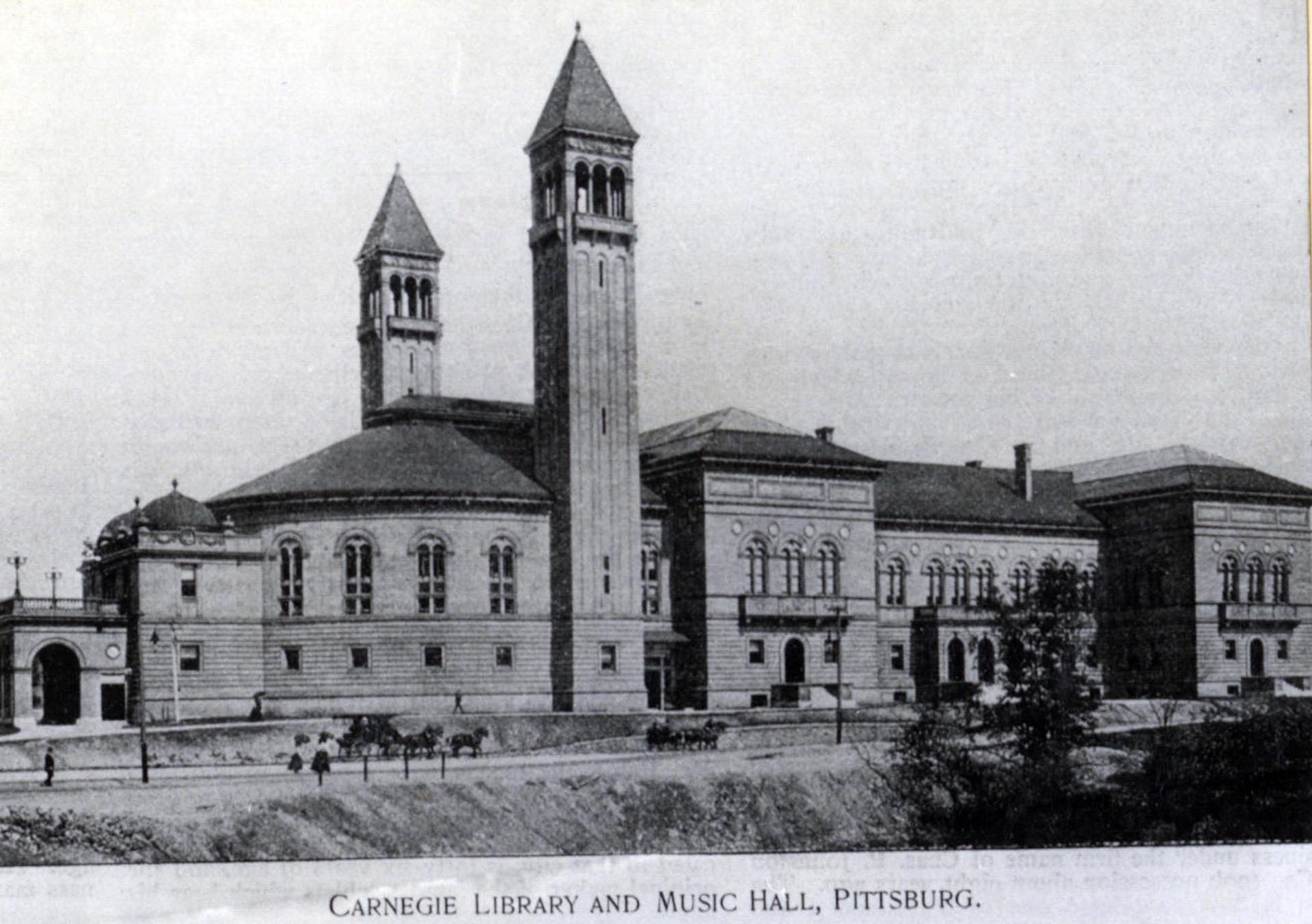 Carnegie Library and Music Hall in Pittsburgh's Oakland neighborhood pictured after its 1895 construction. Industrialist Andrew Carnegie funded the construction of the structures in hopes that they would become cultural complexes of learning.