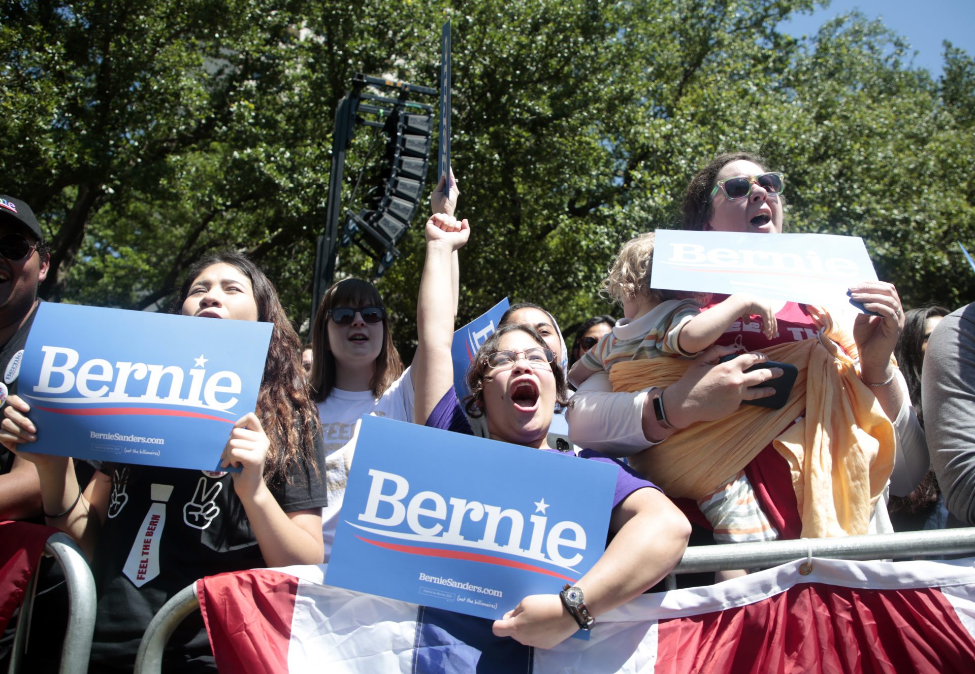 Supporters cheer for Democratic Presidential candidate Bernie Sanders as he speaks at rally in Fort Worth, Texas, Thursday, April 25, 2019.