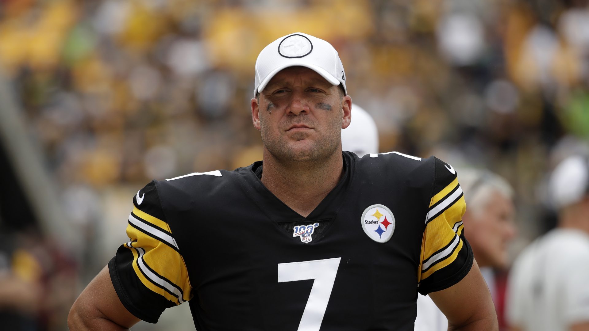 Pittsburgh Steelers quarterback Ben Roethlisberger (7) walks off the field as time runs out in a 28-26 loss to the Seattle Seahawks in an NFL football game in Pittsburgh, Sunday, Sept. 15, 2019. Roethlisberger did not play the second half of the game.