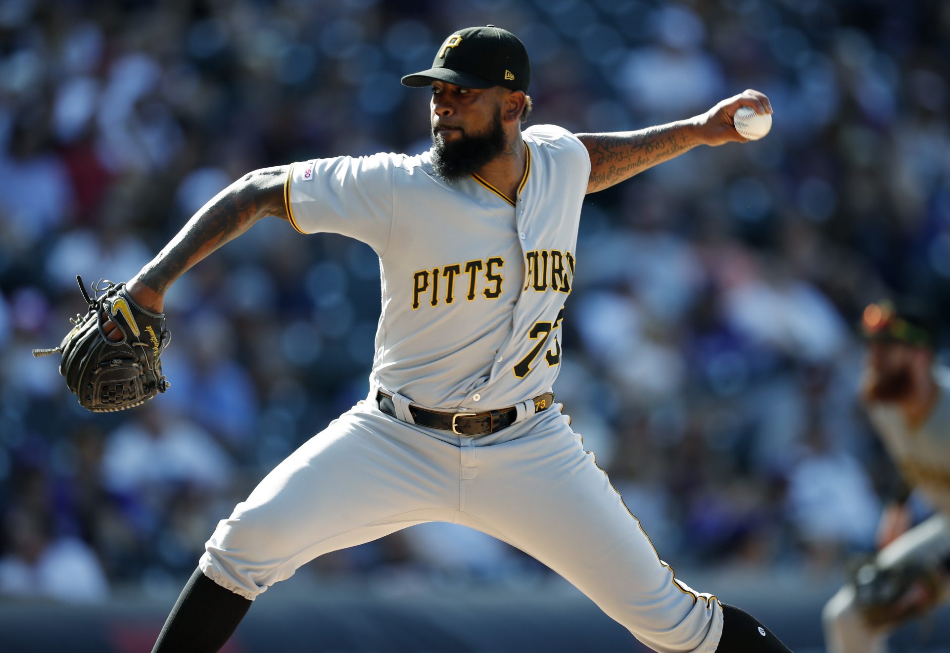 In this Sept. 1, 2019, file photo, Pittsburgh Pirates pitcher Felipe Vazquez works against the Colorado Rockies in the ninth inning of a baseball game in Denver.