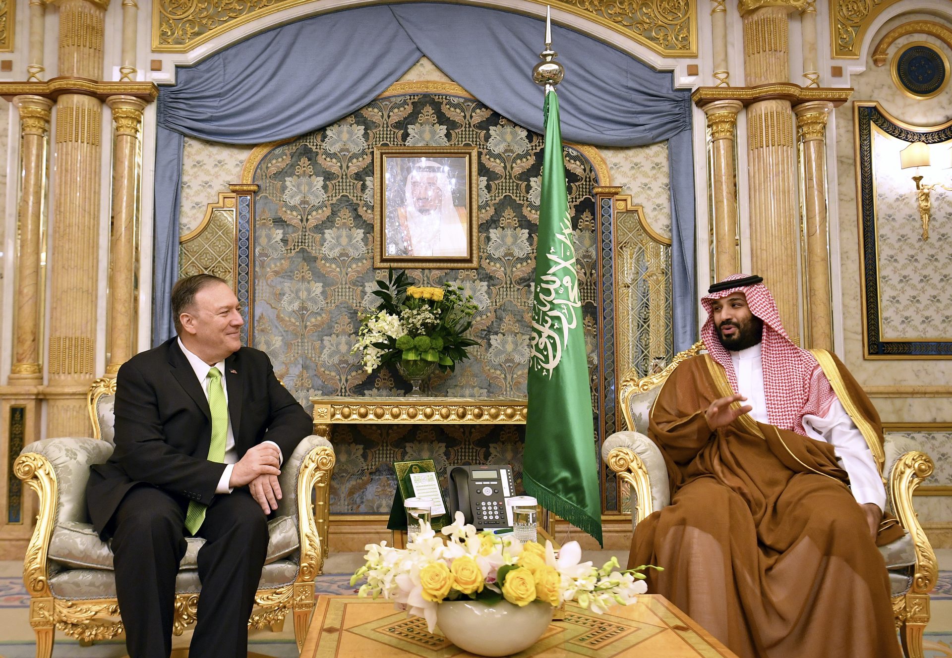 U.S. Secretary of State Mike Pompeo, left, meets with Saudi Arabia's Crown Prince Mohammed bin Salman in Jeddah, Saudi Arabia, on Wednesday, Sept 18, 2019.