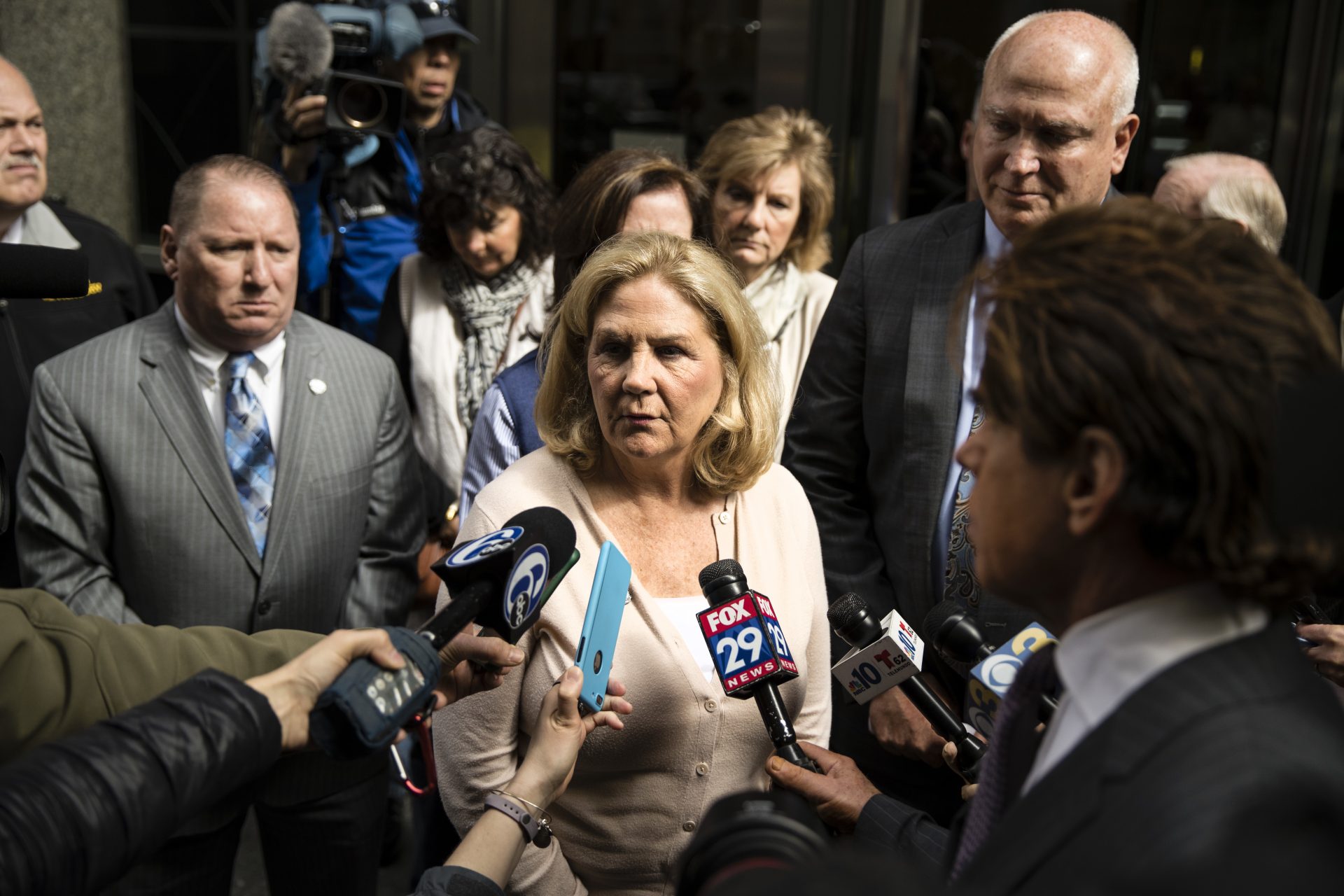 In this April 30, 2018 file photo Maureen Faulkner, the widow of slain Philadelphia police officer Daniel Faulkner, speaks with members of the media after a hearing for Mumia Abu-Jamal, convicted in the 1981 murder of her husband, in Philadelphia.