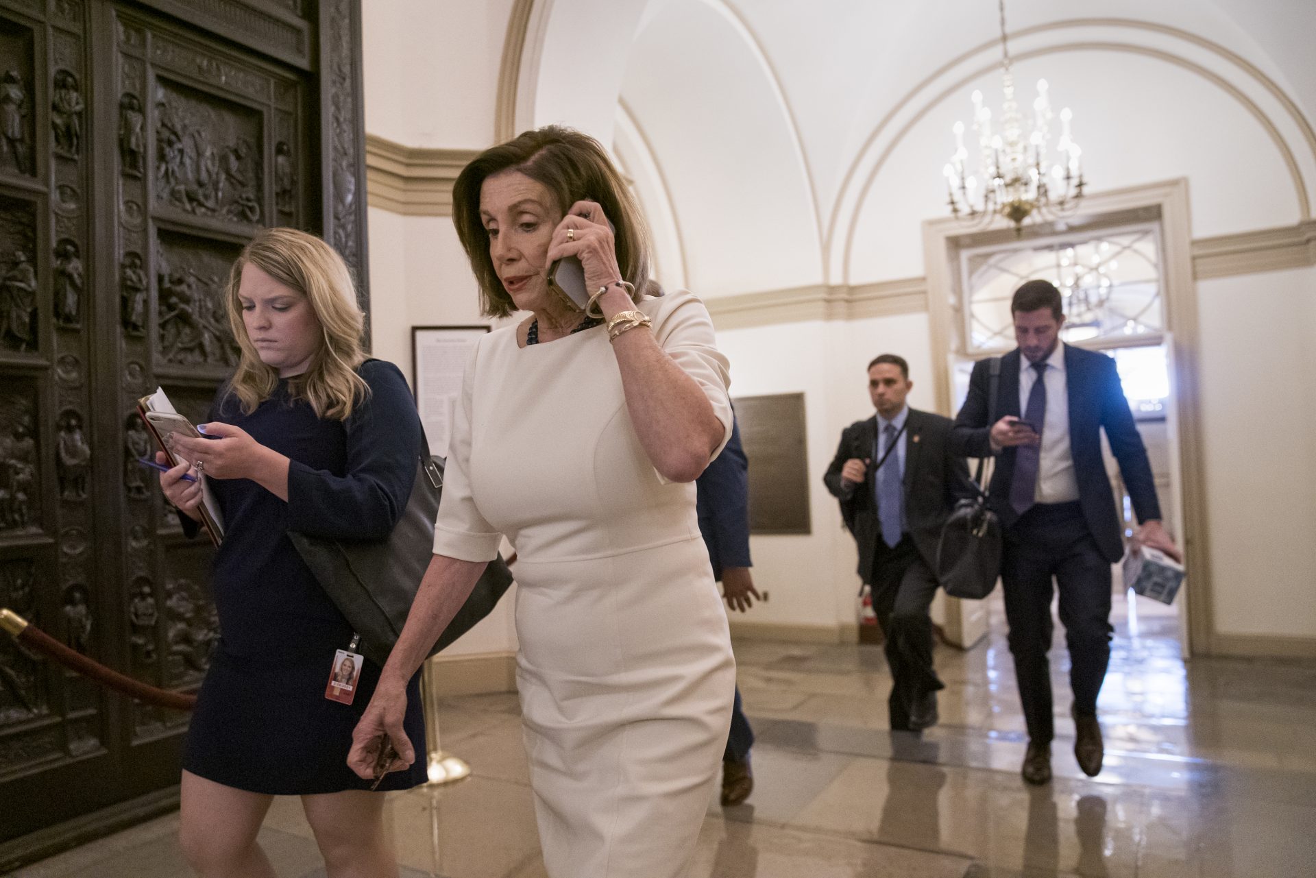 Speaker of the House Nancy Pelosi, D-Calif., arrives at the Capitol in Washington, Thursday, Sept. 26, 2019, just as Acting Director of National Intelligence Joseph Maguire is set to speak publicly for the first time about a secret whistleblower complaint involving President Donald Trump. Pelosi committed Tuesday to launching a formal impeachment inquiry against Trump.