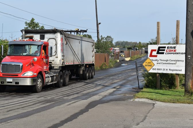 A truck leaves the Erie Coke plant on Sept. 13, 2019.