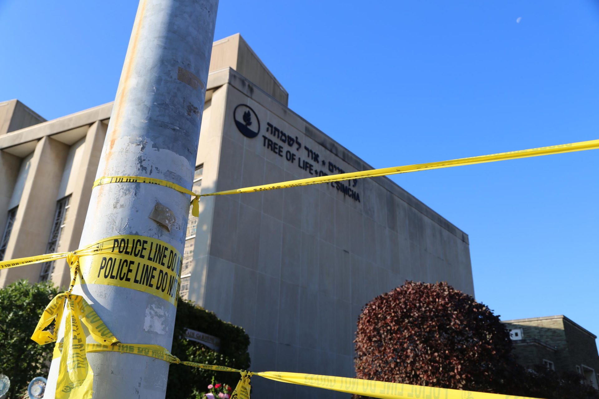 In this file photo, police tape surrounds the Tree of Life synagogue in Pittsburgh.