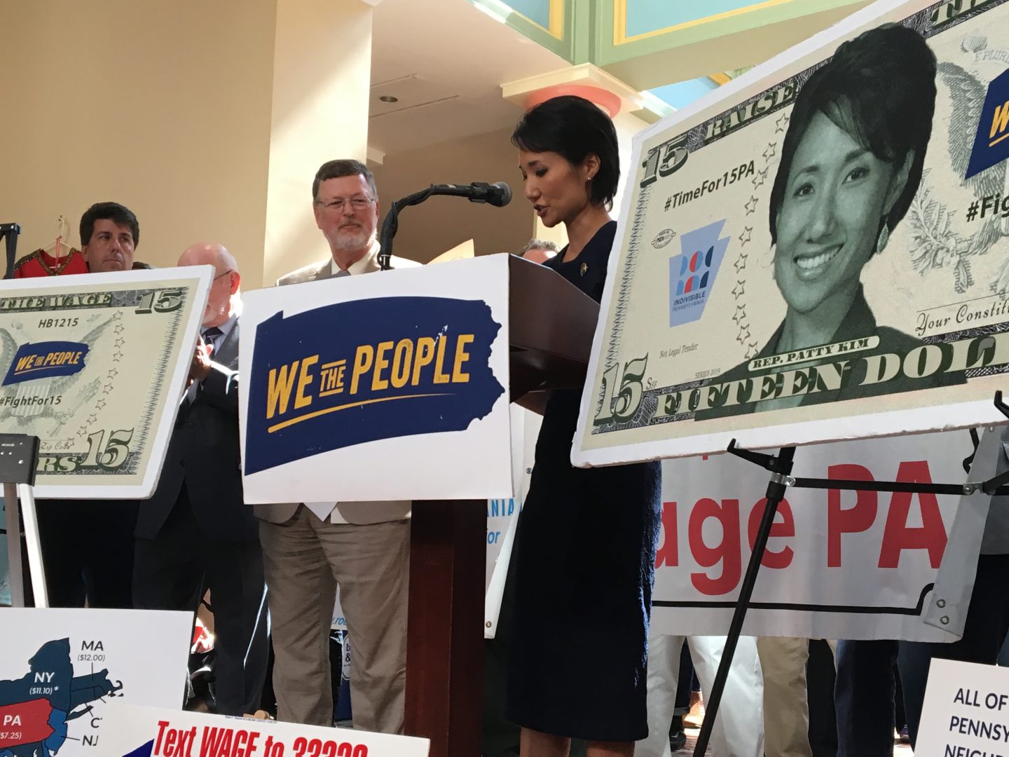 In this 2019 photo, Pennsylvania state Rep. Patty Kim speaks at a rally for a higher minimum wage.  