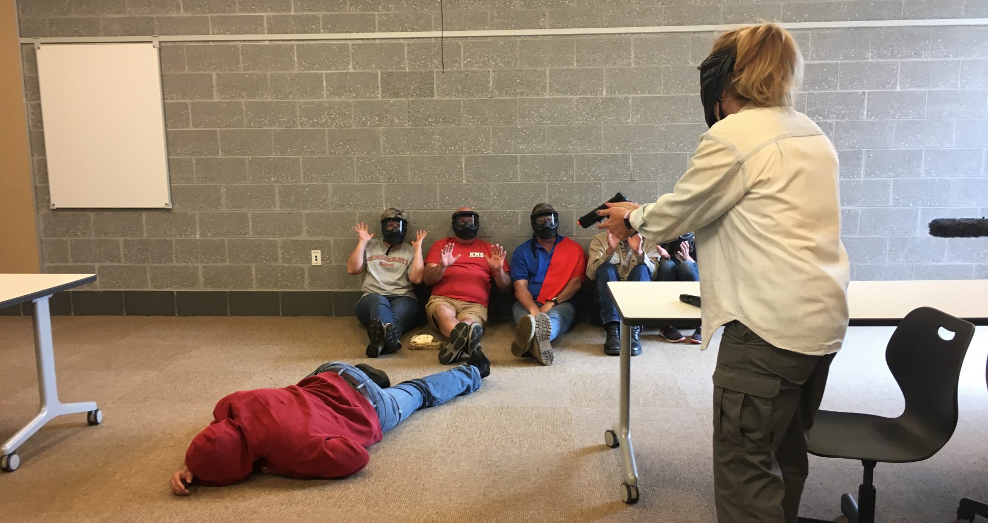 Teachers practice responding to active shooter scenarios at Wadsworth High School in Ohio. Cerino tells the trainees pretending to be students, "Beg for your life."