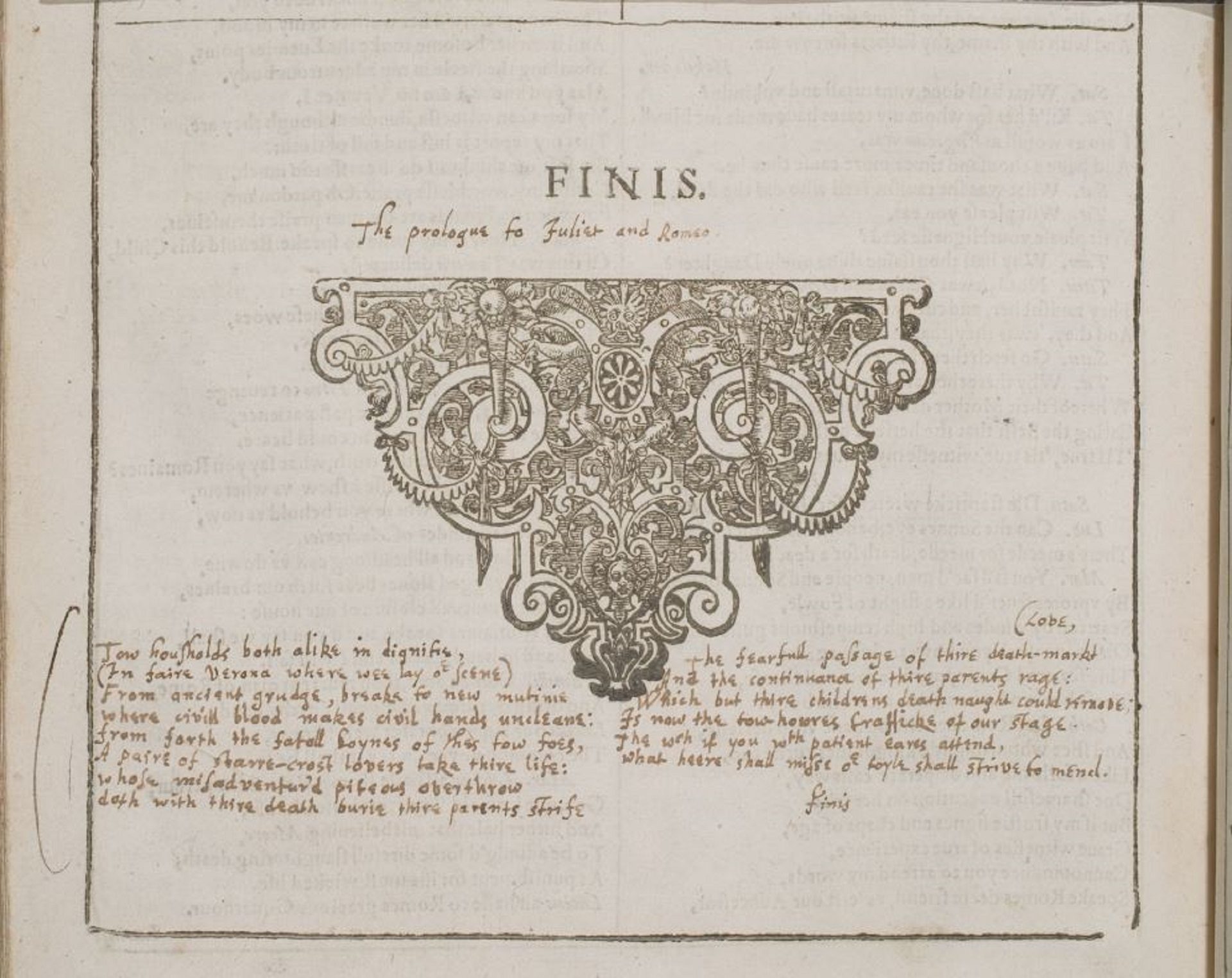 A copy of a nearly 400-year old manuscript of plays by William Shakespeare in the Rare Book Department of the Free Library was found to have notes scribbled in the margins written by 17th century poet who wrote ‘Paradise Lost,’ John Milton. This image features a prologue to Romeo and Juliet in John Milton’s hand.