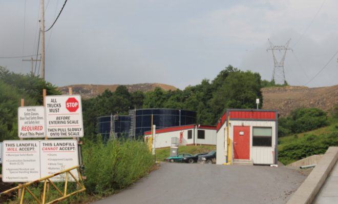 The entrance to the Westmoreland Sanitary Landfill in Rostraver, which accepts solid fracking waste and has sent what's called leachate --  liquid waste that comes out of the landfill when rainwater trickles through its piles of garbage -- to the Belle Vernon sewage treatment plant.