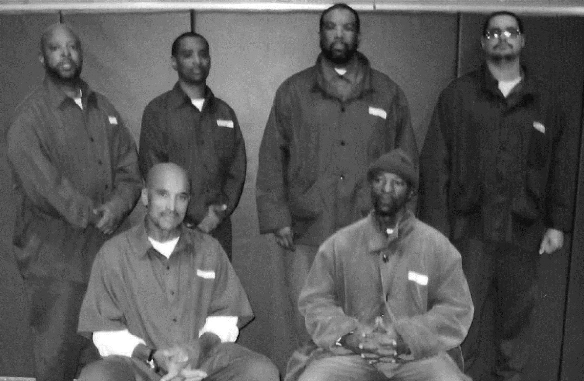 The authors of the "Life Sentences" book include, from left to right, James “Fly” Martin, Robert “Faruq” Wideman, Clarence “Shawn” Robinson, Ralph “Malakki” Bolden, Richard “Khalifa” Diggs, and Oscar Brown. Here they are housed at the old state prison in Pittsburgh.