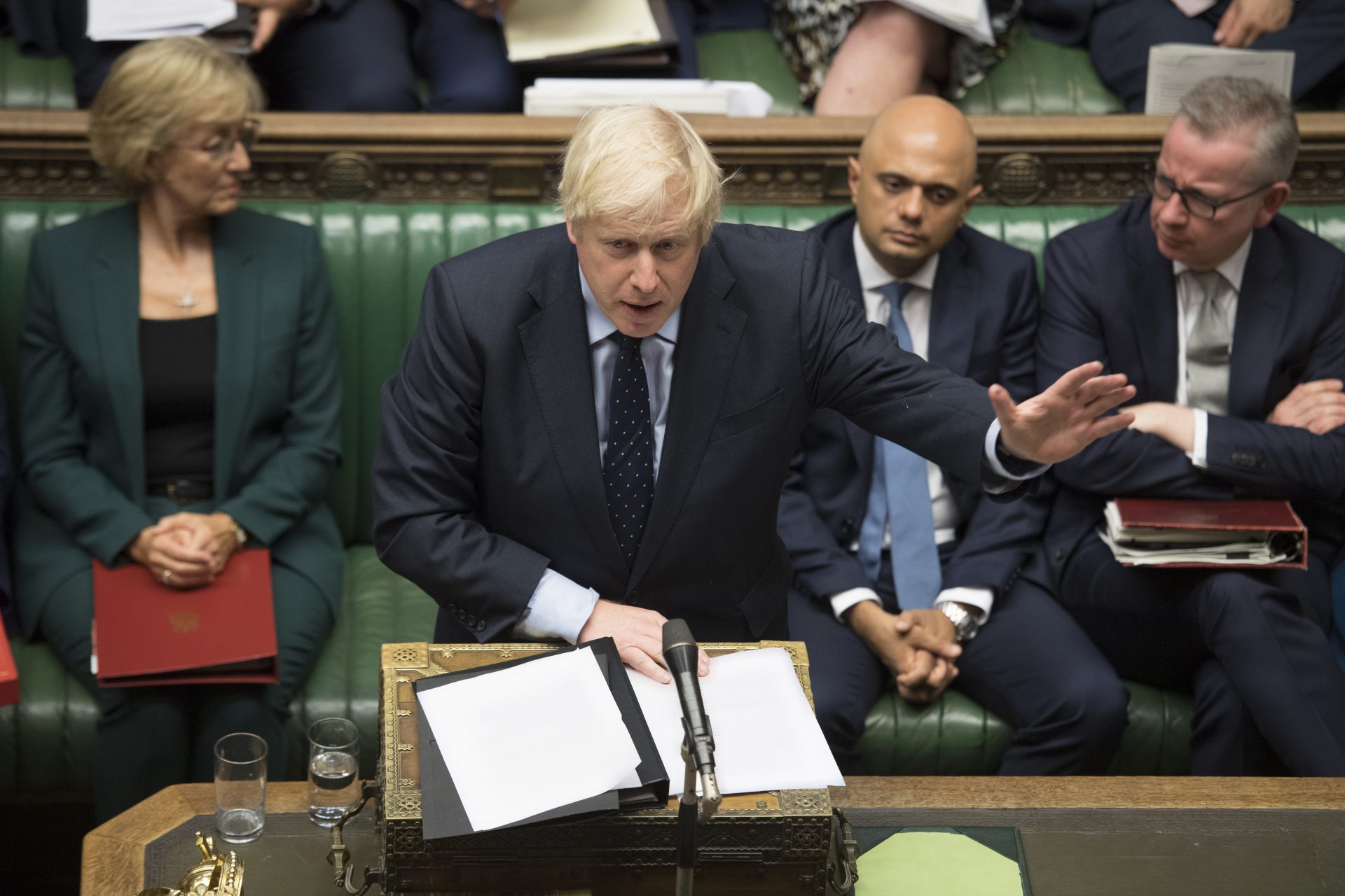 In this image released by the House of Commons, Britain's Prime Minister Boris Johnson speaks in the House of Commons, London, Tuesday Sept. 3, 2019. British Prime Minister Boris Johnson suffered key defections from his party Tuesday, losing a working majority in Parliament and weakening his position as he tried to prevent lawmakers from blocking his Brexit plans.