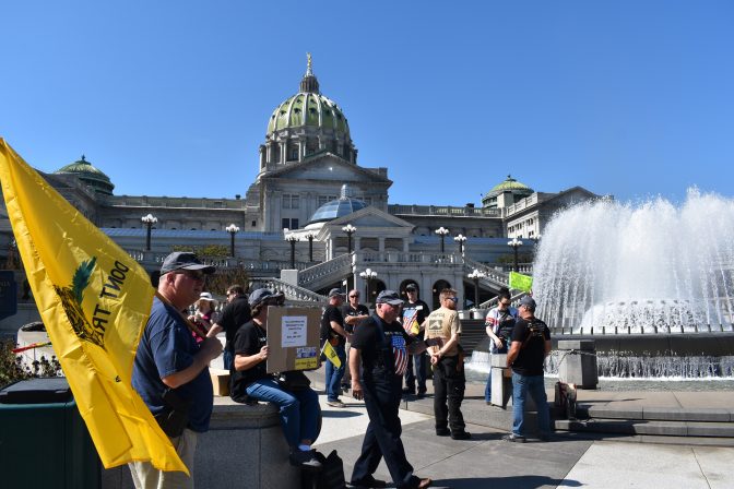 Demonstrators gather outside of the state Capitol in Harrisburg on Sept. 25, 2019, ahead of a gun hearing in the Senate Judiciary Committee.