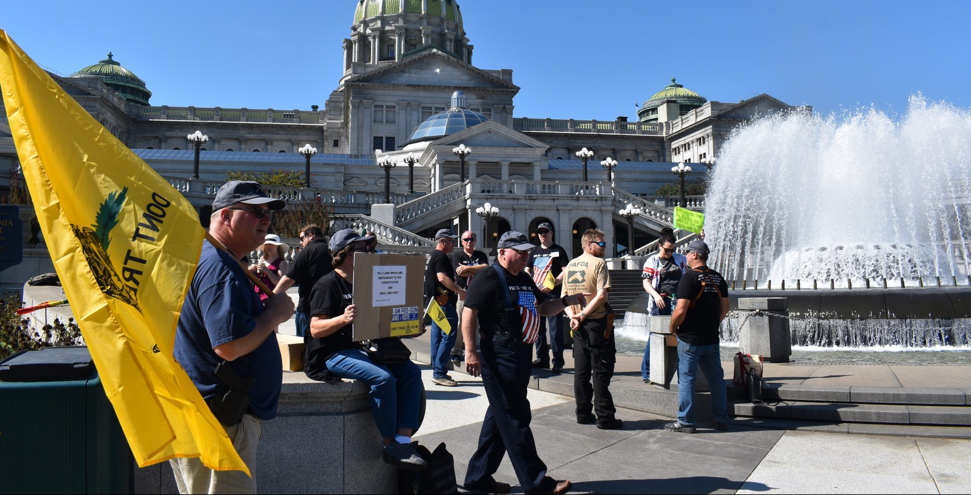 Demonstrators gather outside of the state Capitol in Harrisburg on Sept. 25, 2019, ahead of a gun hearing in the Senate Judiciary Committee.