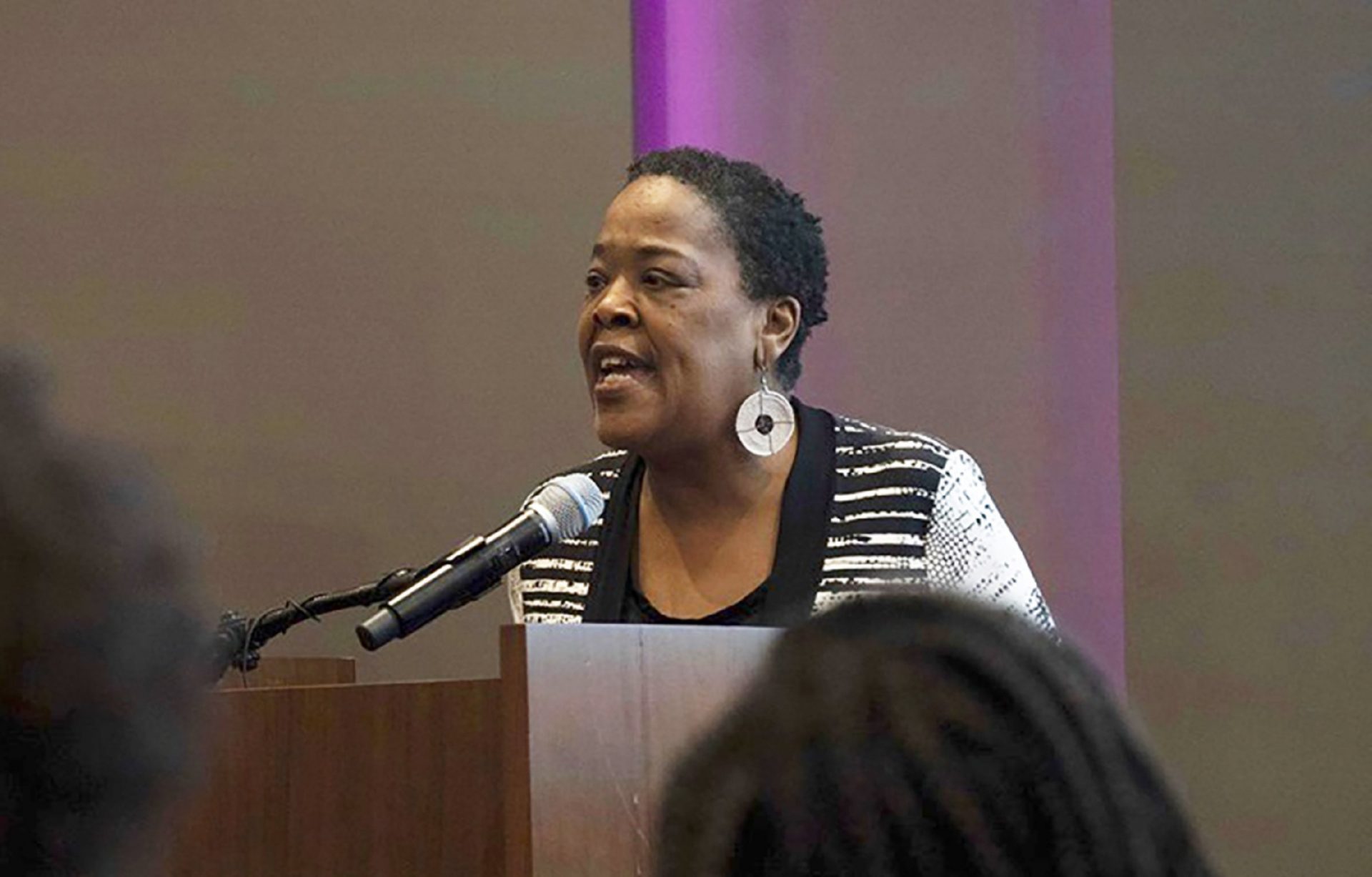 In this June 20, 2019 photo provided by Meredith Williams, Jaribu Hill speaks at the Mississippi Civil Rights Museum in Jackson, Miss., during a reception honoring the life of civil rights activist Unita Blackwell. Hill didn't opt for law school until her early 40s. She’d been a singer, actress, teacher and labor organizer before learning a college classmate had become head of a group for black female judges. “I can do that, too,” she thought. Hill has since become a leading civil rights and workers' rights lawyer in Mississippi and now, at 70, she’s part of a nationwide network of attorneys helping women without much money pursue often-costly sexual misconduct cases.