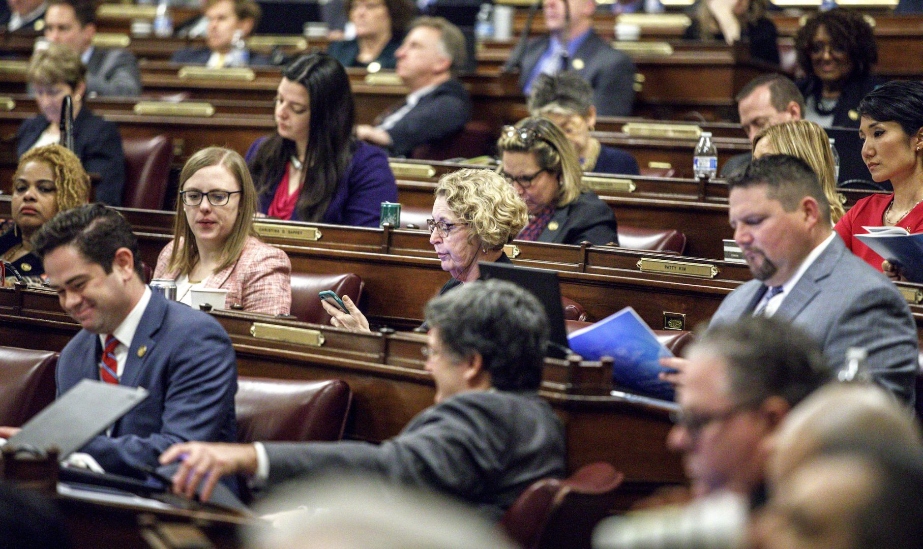 State representatives listen to Gov. Tom Wolf's budget address. Gov. Tom Wolf delivers his budget address for the 2019-20 fiscal year to a joint session of the Pennsylvania House and Senate at the state Capitol in Harrisburg, February 5, 2019. 
 