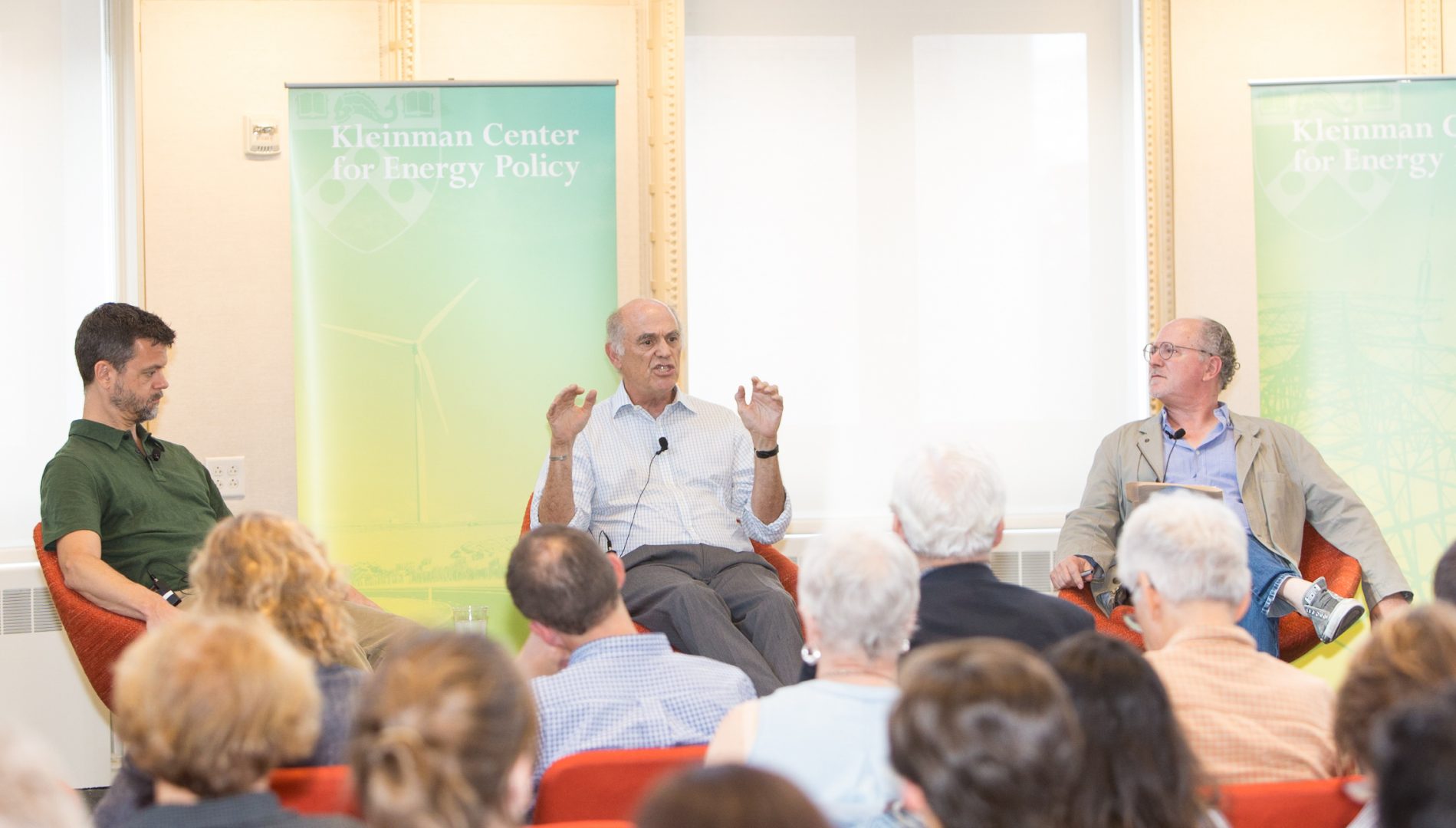 From left, David Roberts covers energy and climate change for Vox; Rafe Pomerance, chairman of Arctic 21, a network of organizations focused on communicating the unraveling of the Arctic as a result of climate change to policy makers and the public; and moderator Mark Hughes, founding faculty director of the Kleinman Center for Energy Policy at the center's event, 