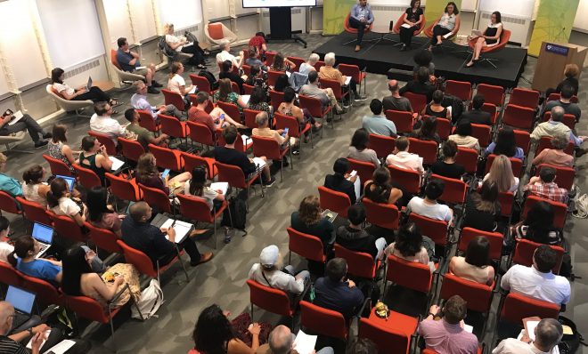 A crowd gathered to hear discussion about climate change adaptation, resilience, and social equity at the University of Pennsylvania’s Kleinman Center for Energy Policy on Thursday, Sept. 12 in Philadelphia. The event was produced by StateImpact Pennsylvania, WHYY and the Kleinman Center.