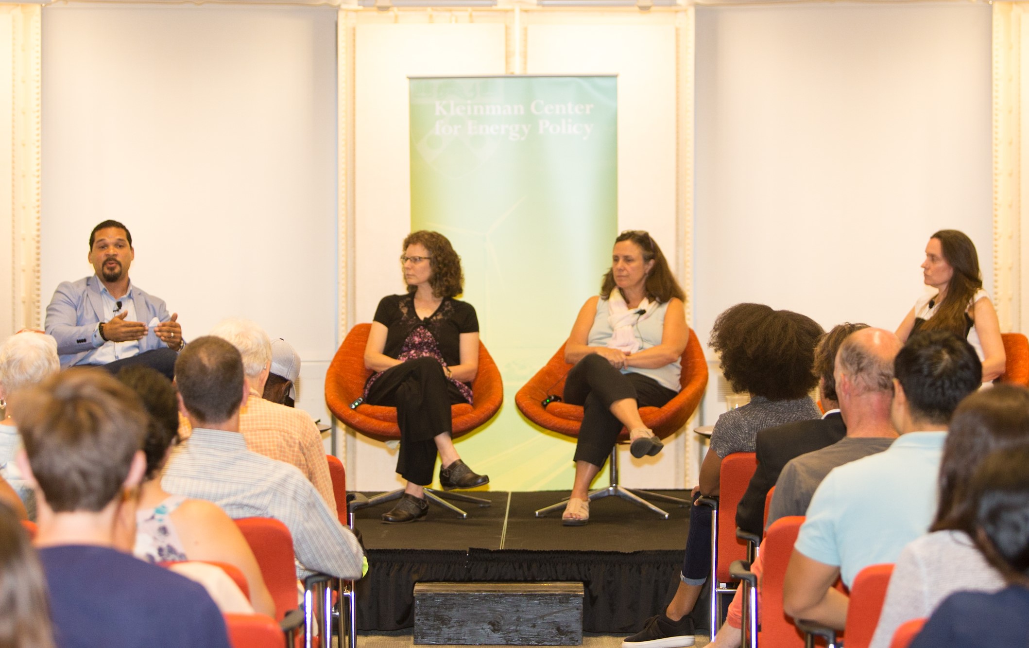 StateImpact Pennsylvania reporter Susan Phillips, right, moderates a panel on climate change adaptation, resilience, and social equity Thursday, Sept. 12 at the University of Pennsylvania’s Kleinman Center for Energy Policy. Panelists are, from left, Charles D. Ellison, managing editor of ecoWURD.com; climate activist Tanya Seaman; and Jeanne Herb, climate researcher at Rutgers University.