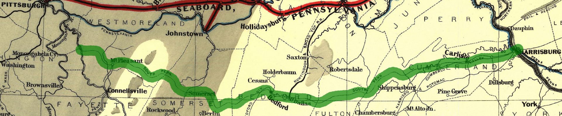 The never-completed South Pennsylvania Railroad route cropped from an 1884 map of proposed rail lines.