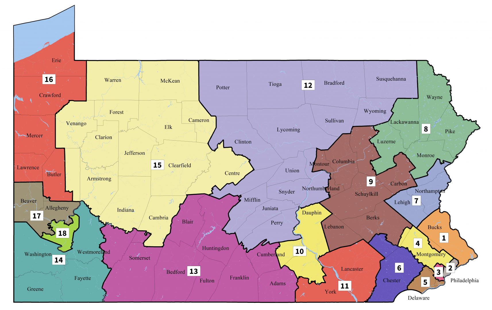 The 2018 map of Pennsylvania's 18 congressional districts.