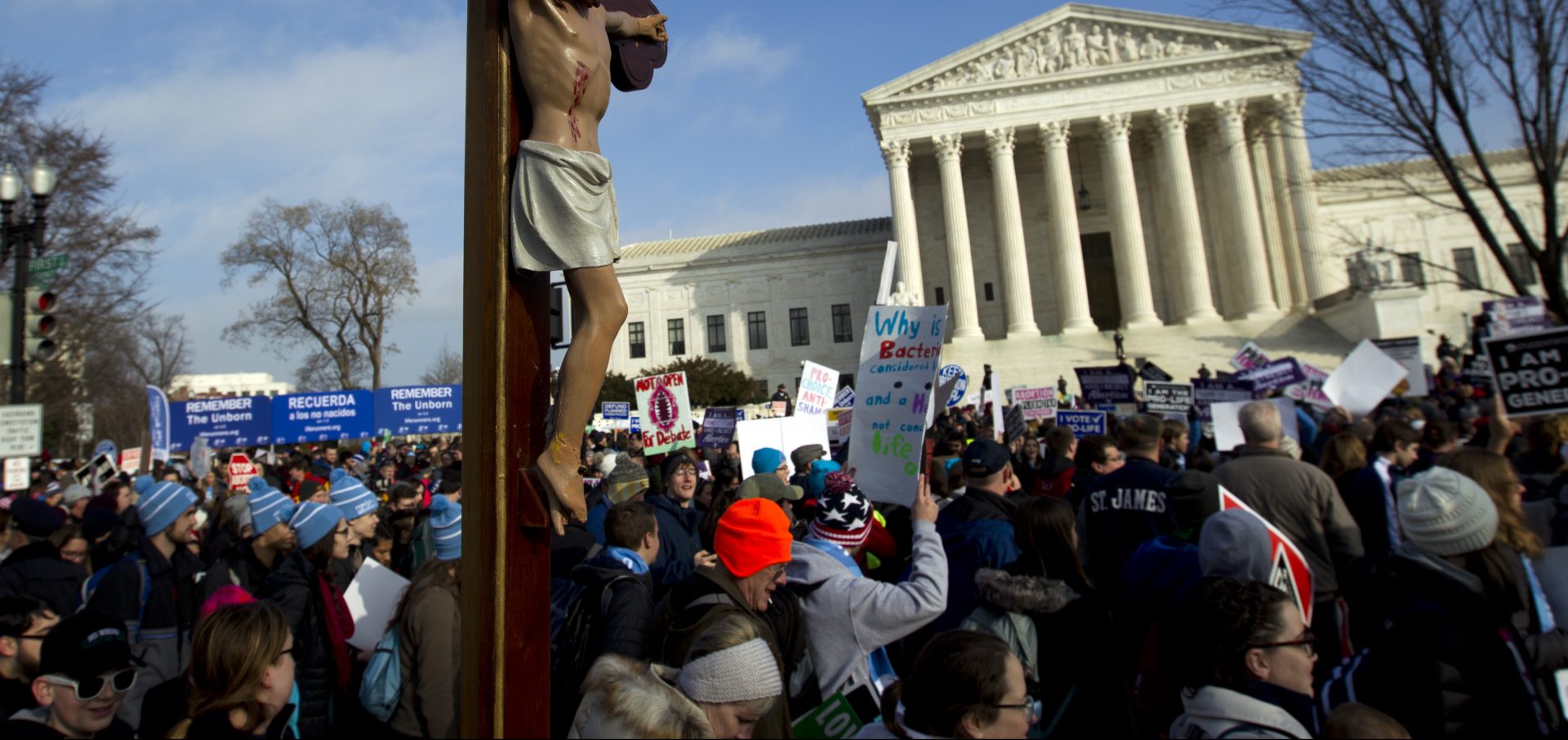 In this Friday, Jan. 18, 2019 file photo, anti-abortion activists march outside the U.S. Supreme Court building, during the March for Life in Washington.