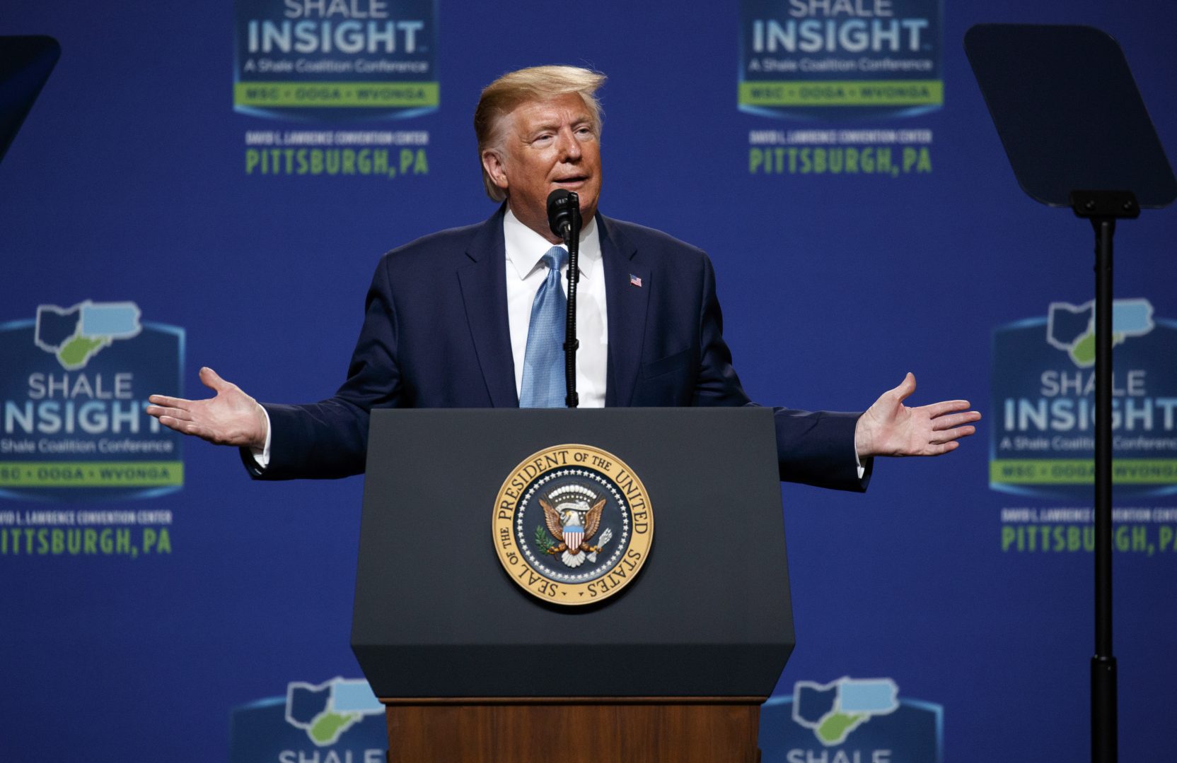 President Donald Trump speaks at the 9th annual Shale Insight Conference at the David L. Lawrence Convention Center, Wednesday, Oct. 23, 2019, in Pittsburgh.