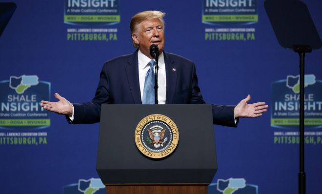President Donald Trump speaks at the 9th annual Shale Insight Conference at the David L. Lawrence Convention Center, Wednesday, Oct. 23, 2019, in Pittsburgh.