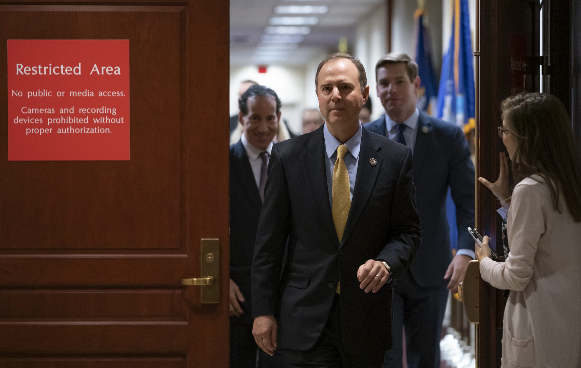 House Intelligence Committee Chairman Adam Schiff, D-Calif., followed by Rep. Jamie Raskin, D-Md., left, and Rep. Eric Swalwell, D-Calif., leaves a secure area at the Capitol to speak to reporters, in Washington, Monday, Oct. 28, 2019. Schiff announced that former deputy national security adviser Charles Kupperman failed to appear to be interviewed in the impeachment inquiry of President Donald Trump as lawmakers try to the determine if the president violated his oath of office by asking a foreign country, Ukraine, to investigate his political opponent, former Vice President Joe Biden, and his son Hunter Biden.