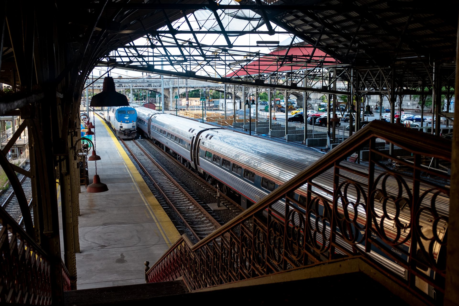 Amtrak trains at the Harrisburg station are seen on Aug. 19, 2019.