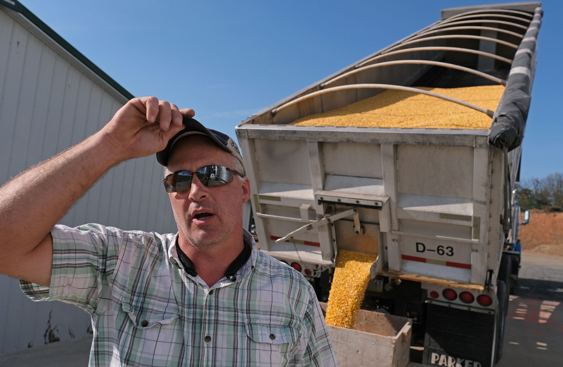 Grain farmer Mike Braucher works on unloading harvested corn Sept. 27, 2019, at Braucher Farms in Centre Township, Pennsylvania.