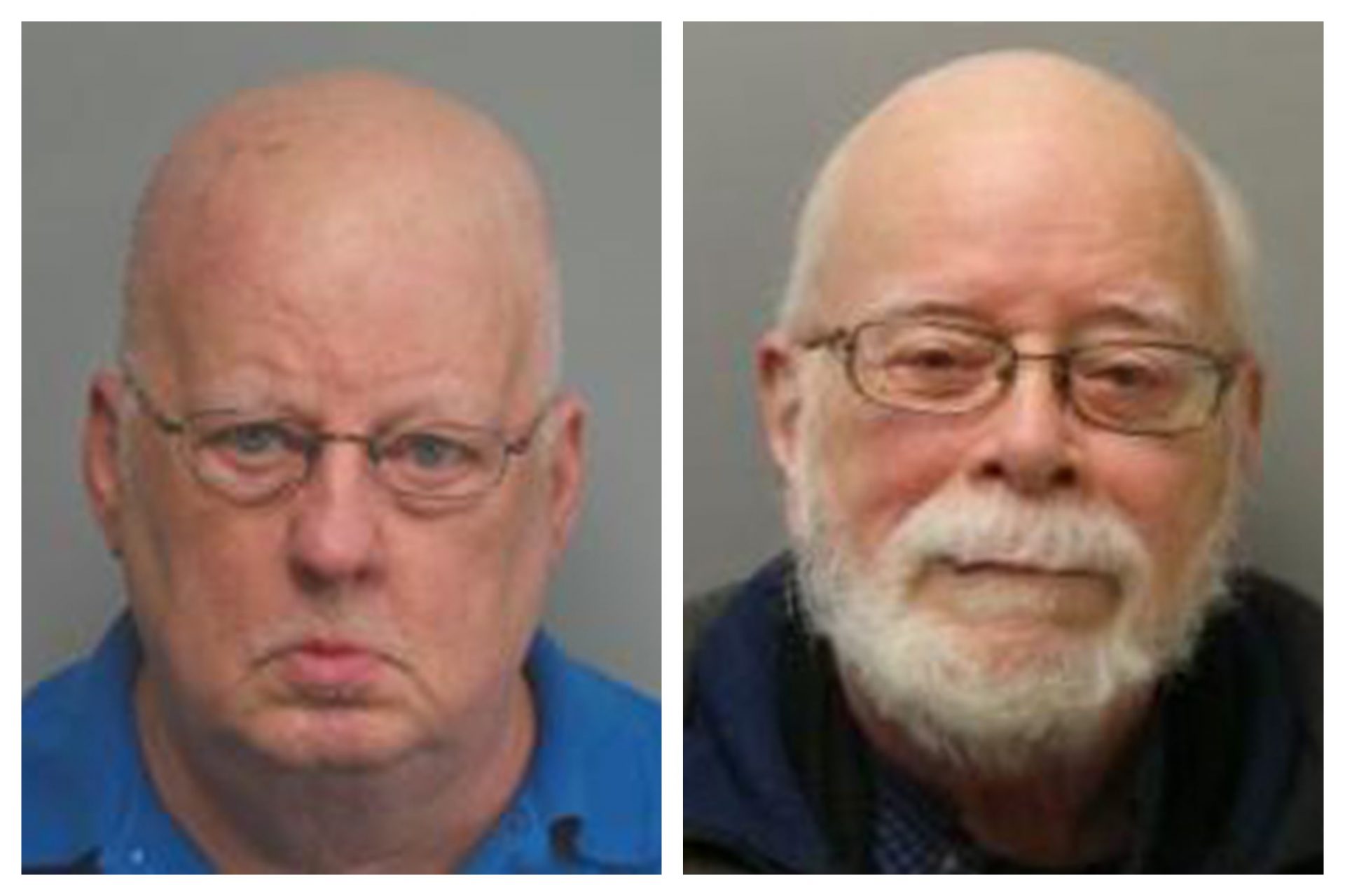 This combination of 2019 and 2017 photos made available by the Missouri State Highway Patrol shows James Alan Funke, left, and Jerome Bernard Robben. Three decades earlier, Funke, a Catholic priest; and Robben, a fellow teacher at a St. Louis Catholic high school, went to prison for sexually abusing male students together. Funke, released in 1995, was eventually bounced from the priesthood. But years later, the two men joined together again, promoting Robben as the leader of a church of his own making. 