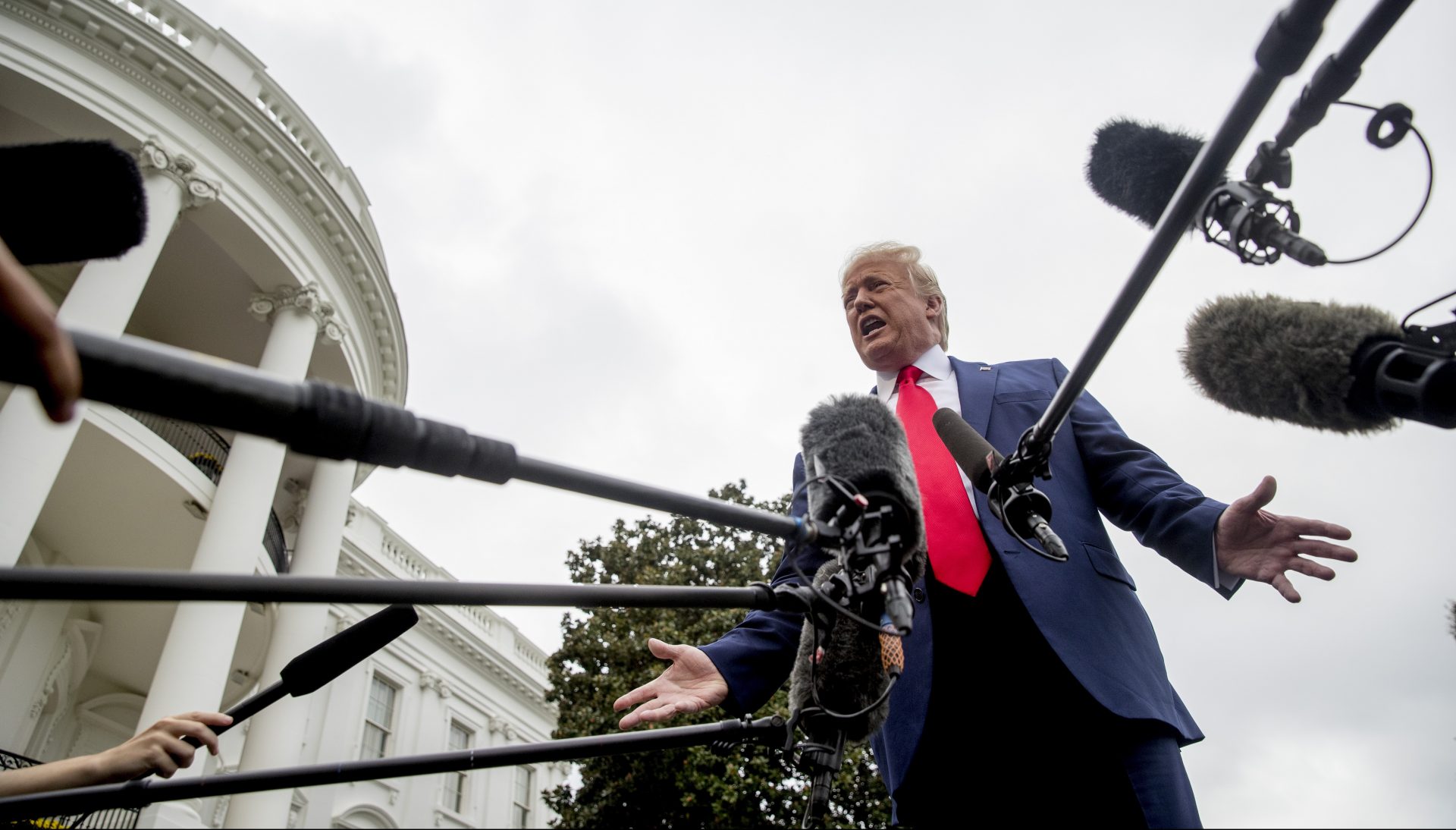 President Donald Trump speaks to the media on the South Lawn of the White House in Washington, Thursday, Oct. 3, 2019, before boarding Marine One for a short trip to Andrews Air Force Base, Md., and then on to Florida.