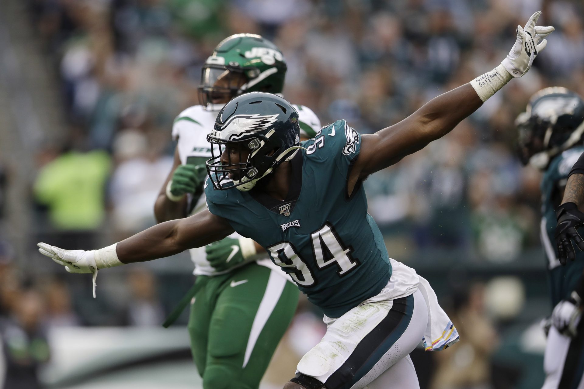 Philadelphia Eagles' Josh Sweat celebrates after sacking New York Jets' Luke Falk during the second half of an NFL football game, Sunday, Oct. 6, 2019, in Philadelphia. 