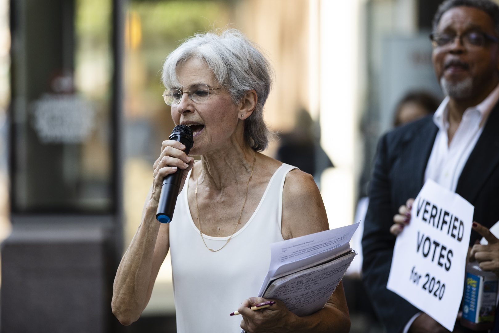 Former Green Party presidential candidate Jill Stein speaks outside the federal courthouse in Philadelphia, Wednesday, Oct. 2, 2019. Stein wants Pennsylvania to block Philadelphia from using new touchscreen machines it's buying ahead of 2020's elections and is threatening court action if it doesn't do so promptly. 